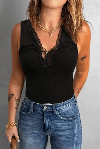Black Lace Contrast Ruched V Neck Casual Ribbed Tank Top