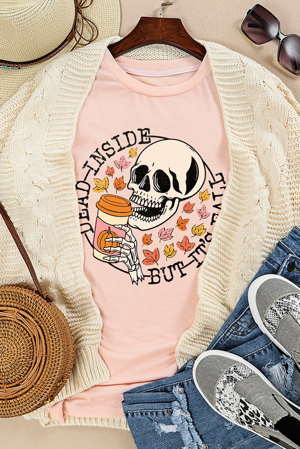 New arrivals 2023 Pink Skull Pumpkin COFFEE Fall Maple Graphic Tee