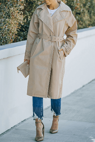 Khaki Pocket Casual Belted Long Trench Coat