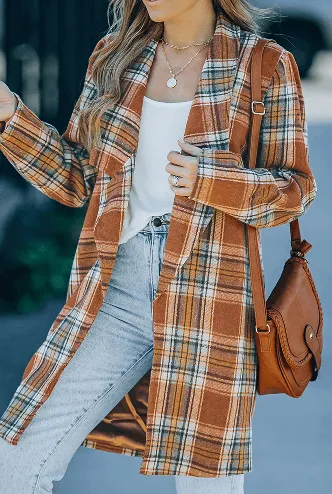 Orange Plaid Casual Lapel Collar Long Blazer
