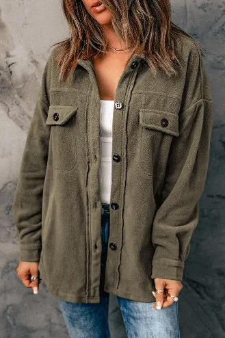 Green Plush Turn Down Collar Buttoned Shirt Jacket