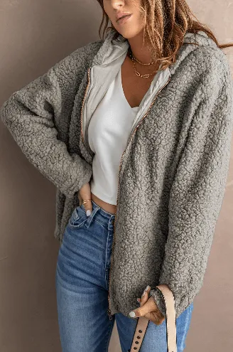 Winter Zip Up Hooded Sherpa Jacket for Women