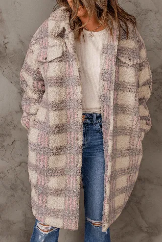 Pink Plaid Casual Polar Fleece Long Coat