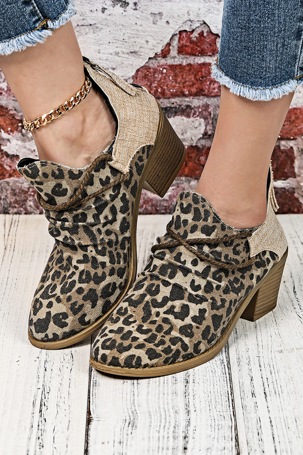 Wholesale Khaki Leopard Print Colorblock Ankle BOOTS 