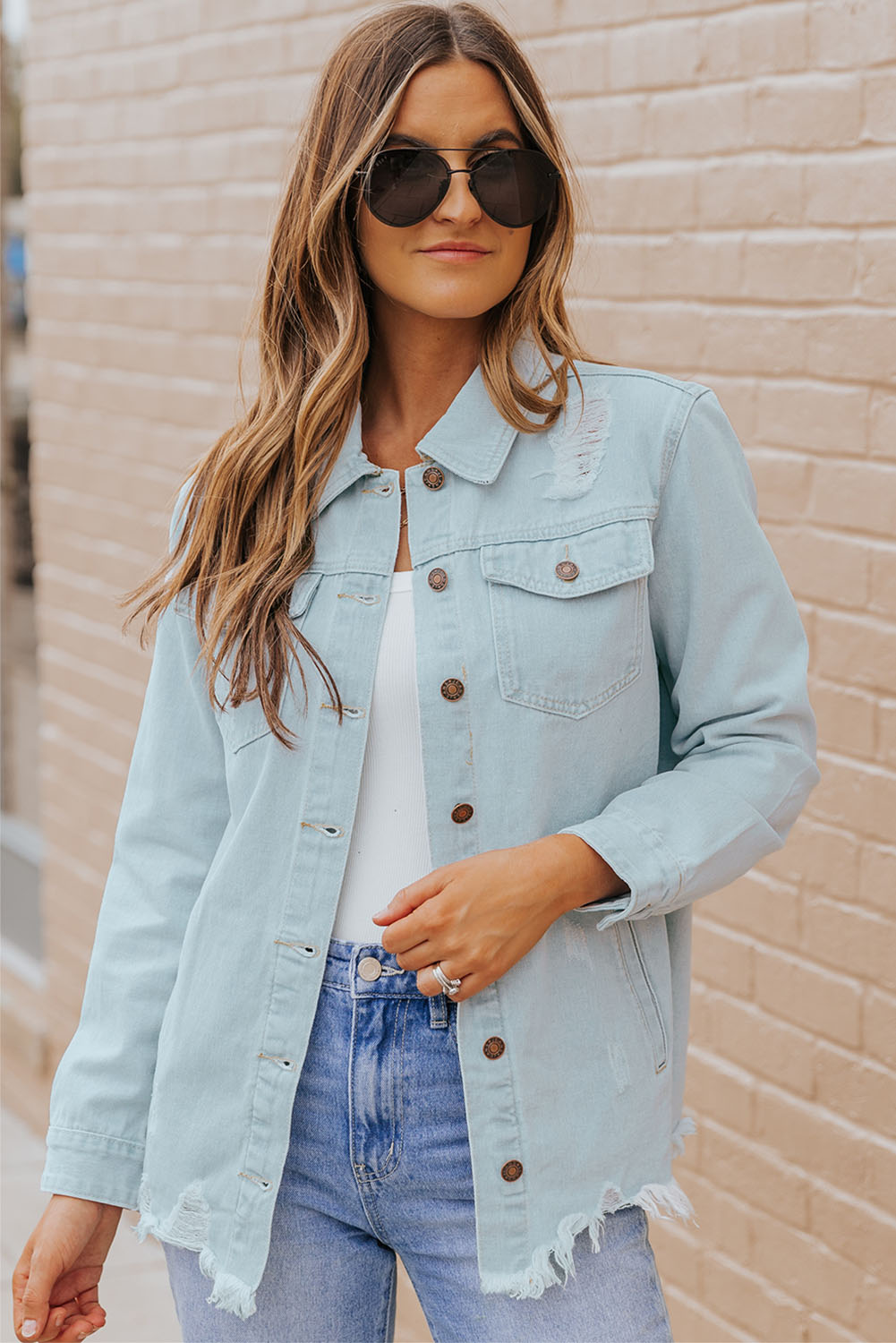 Light Blue Washed Distressed Ripped Pockets Denim Jacket | SHEWIN Wholesale