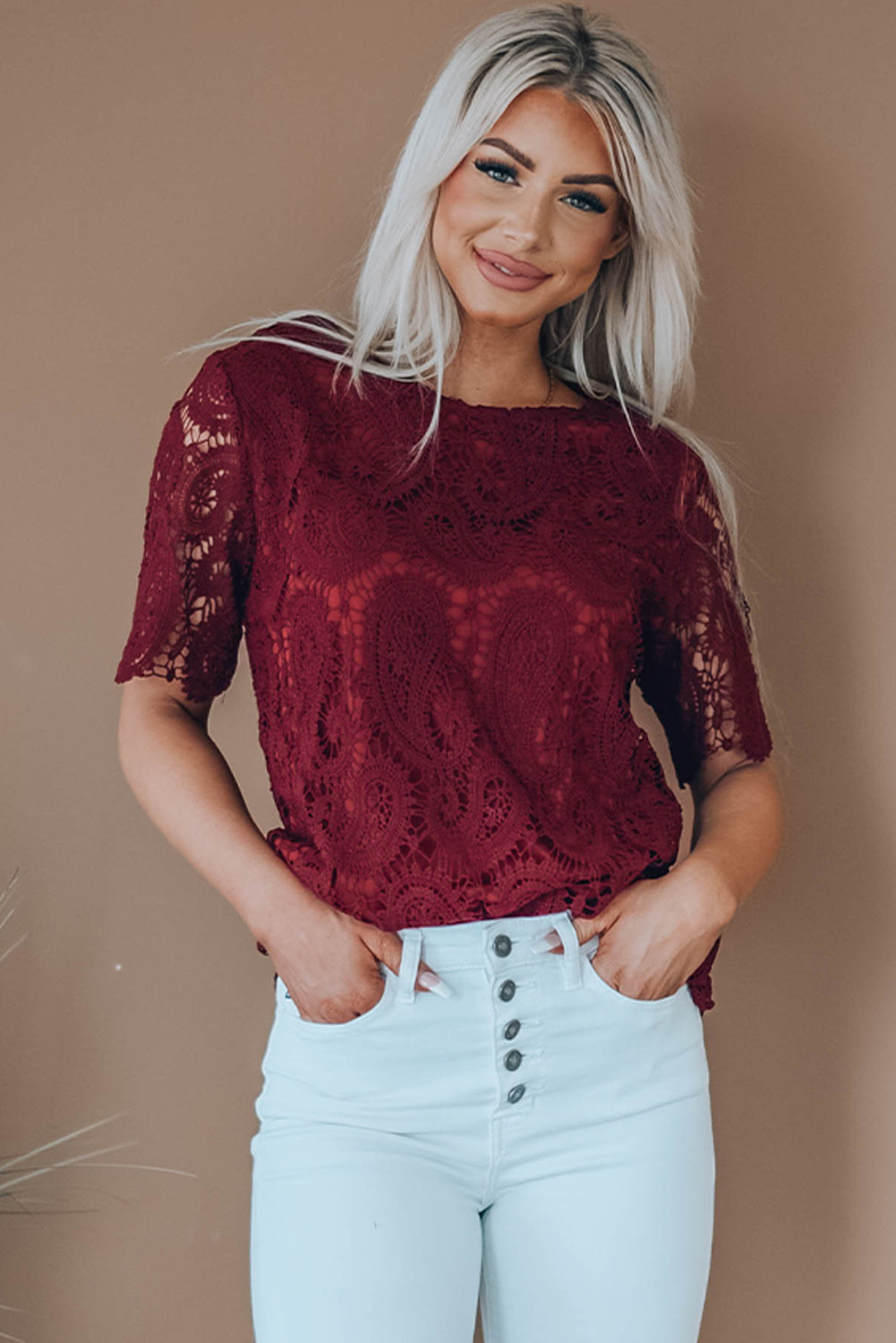Burgundy Short Sleeve Crochet Lace Top for Summer Shewin Wholesale