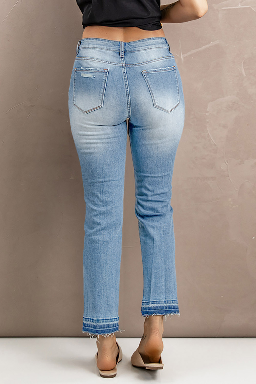 Light Blue Washed Distressed Ripped High Waist Straight Leg Jeans | SHEWIN Wholesale