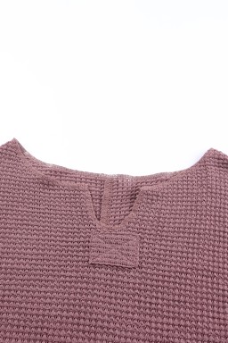 Purple Waffle Knit Split V Neck Drop Shoulder Long Sleeve Top