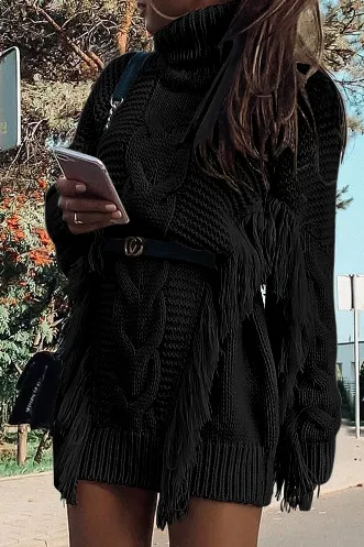 Black Twist Fringe Sweater Dress