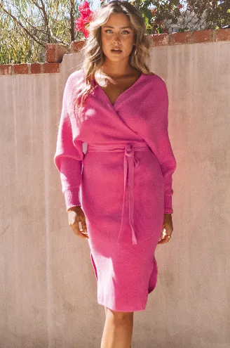 Rose Wrap Belted Midi Sweater Dress