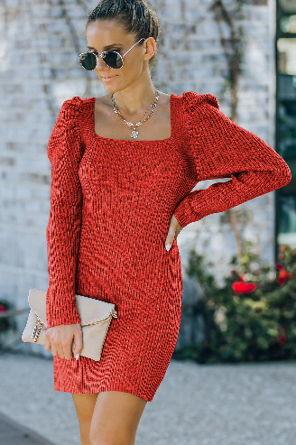 Red Square Neck Short Sweater Dress