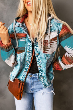 Multicolor Geometric Print Frayed Hem Denim Jacket