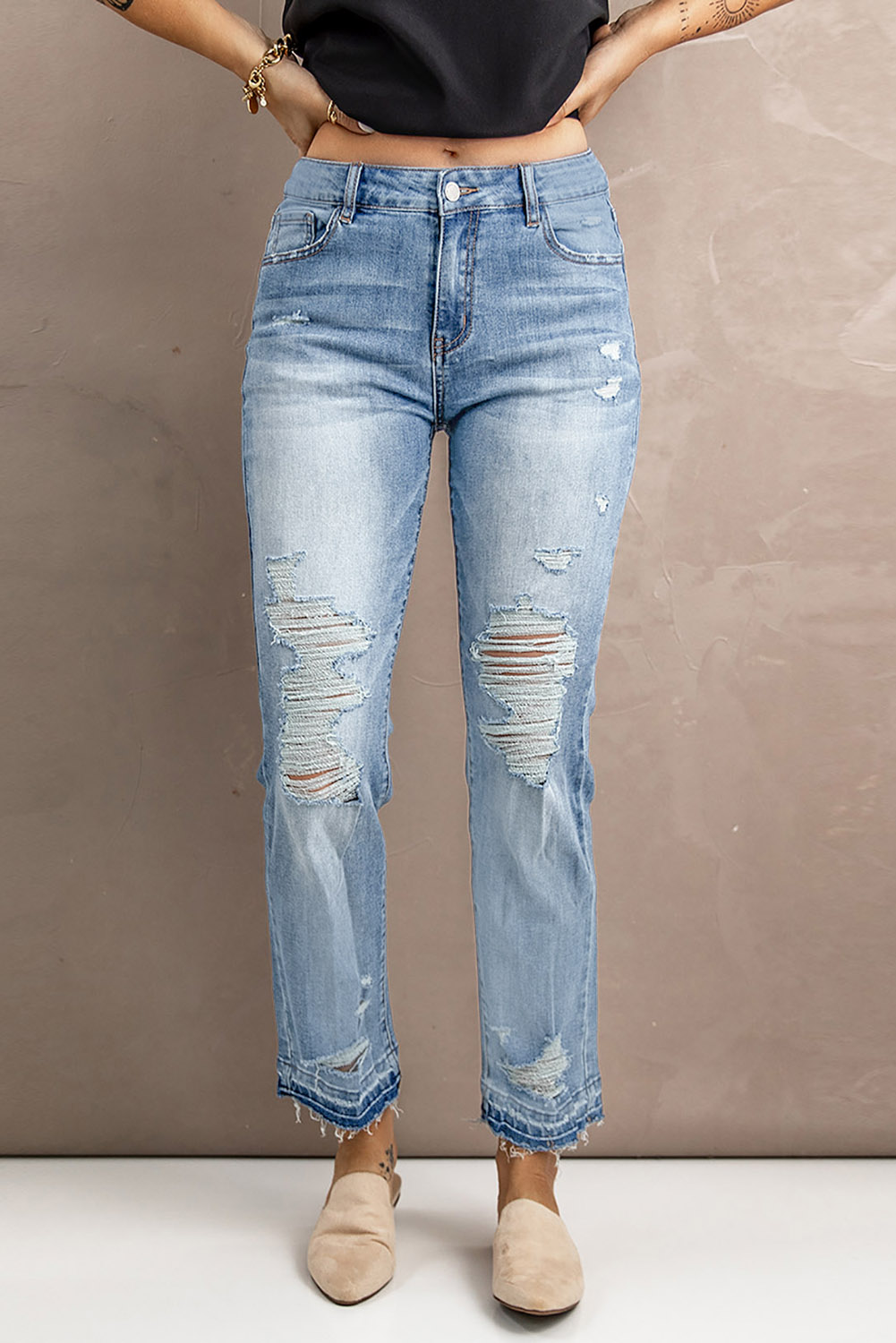 Light Blue Washed Distressed Ripped High Waist Straight Leg Jeans | SHEWIN Wholesale