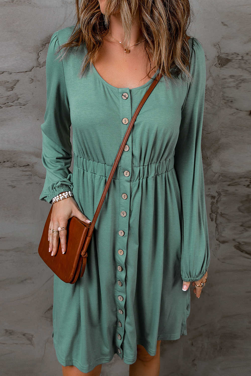 Green Casual Button Up Ruched Waist Short Dress