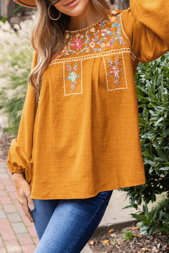 Embroidered Floral Boho Puff Sleeve Peasant Blouse