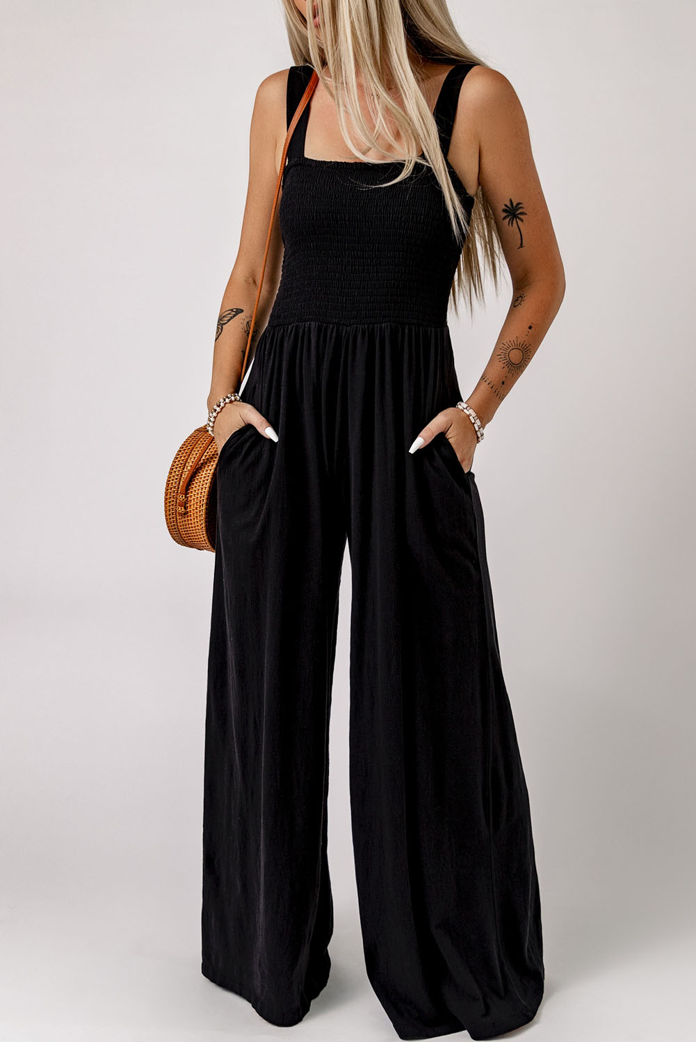 Black Casual Smocked Sleeveless Wide Leg Jumpsuit With Pockets | Shewin ...