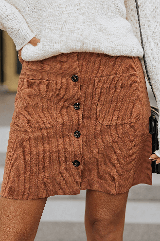 Buttons Front Pockets A-Line Corduroy Skirt