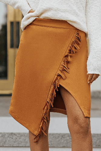 Asymmetric Back Zipper Fringe Skirt