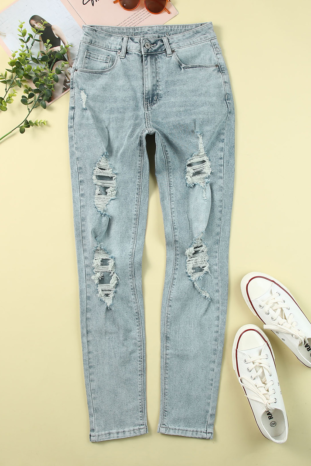 Light Blue Washed Distressed Casual Boyfriend Jeans | Shewin Wholesale