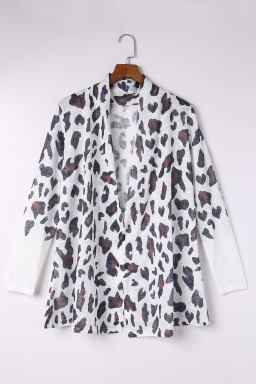 White Leopard Print Casual Open Front Cardigan