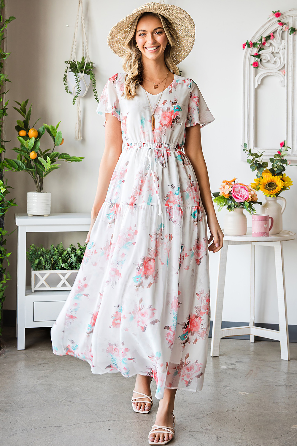 White Floral Print V Neck Boho Short Sleeves Maxi Dress | Shewin Wholesale