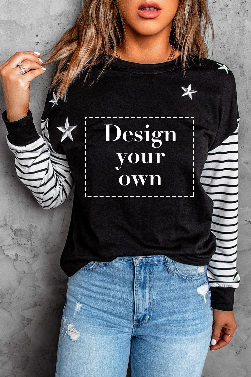 Dropshipping BLANK Sweatshirt - Black Striped and Stars Print Long Sleeve T-SHIRT Customized