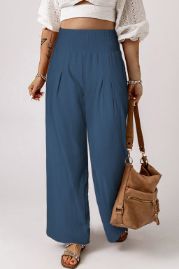 Shewin Blue Smocked Wide Waistband High Waisted Wide Leg Beach Pants