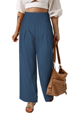 Shewin Wholesale Blue Solid Color Smocked Waistband High Waisted Wide Leg Pants