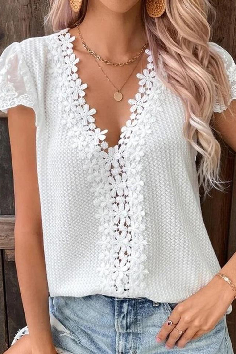 Lace V-Neck Short Sleeve Blouse