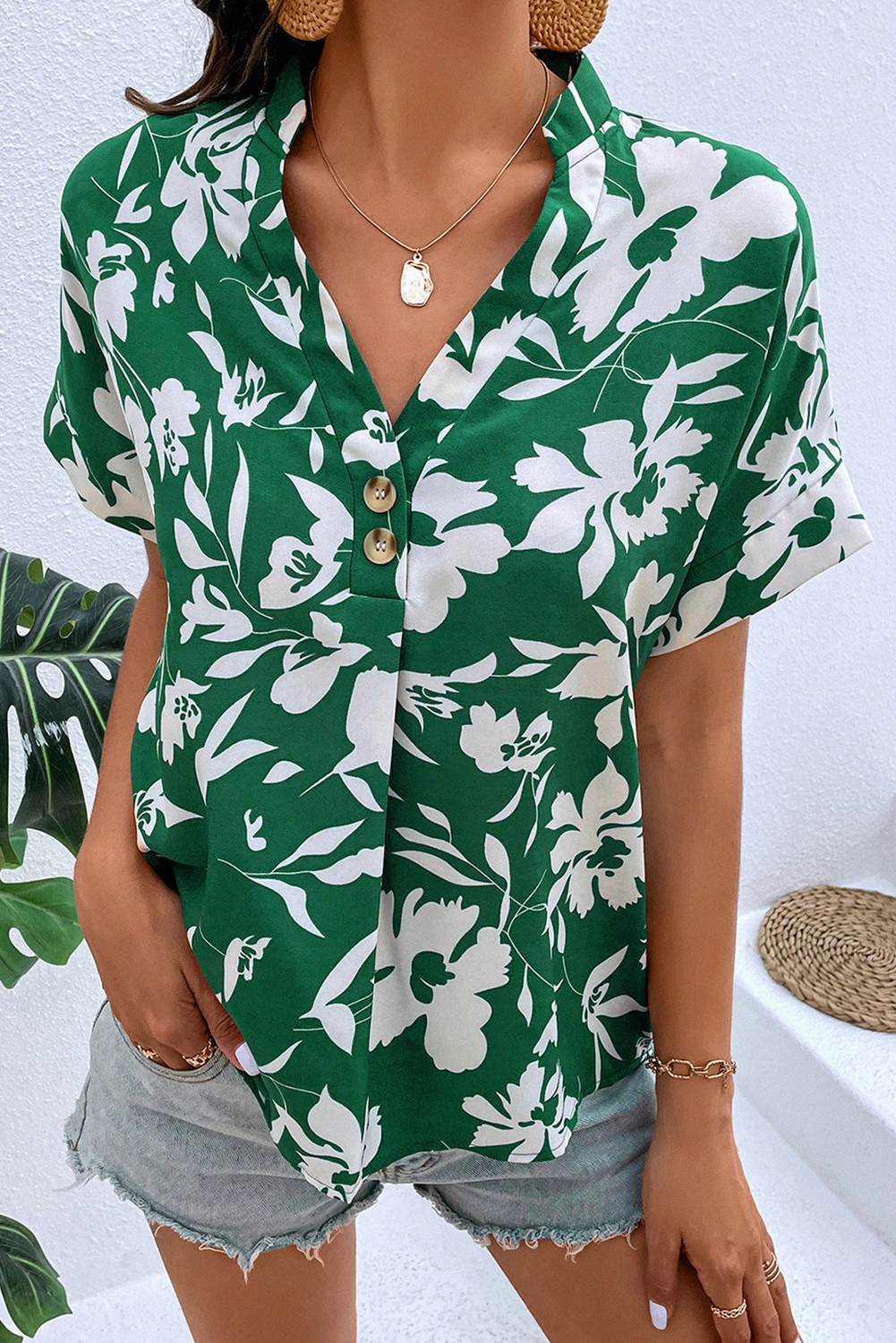 Green Floral Print Mandarin Collar Short Sleeve Blouse | Shewin Wholesale