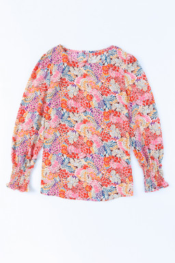 Multicolor Floral Print Smocked Cuffs Long Sleeve Blouse