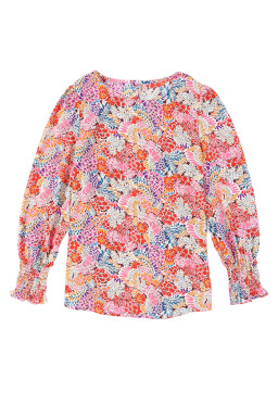 Multicolor Floral Print Smocked Cuffs Long Sleeve Blouse