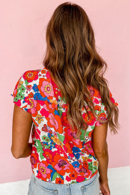 Red Floral Split Neck Ruffle Sleeve Blouse