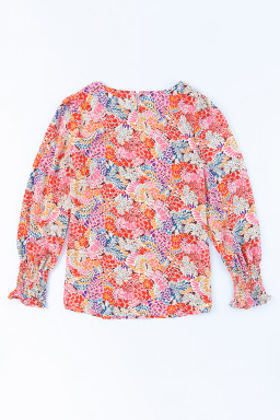 Multicolor Floral Print Smocked Cuffs Long Sleeve Blouse
