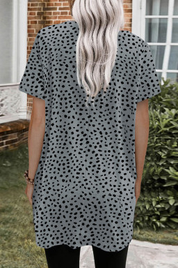 Gray Cheetah Print Casual Side Pockets Short Sleeve Tunic Top