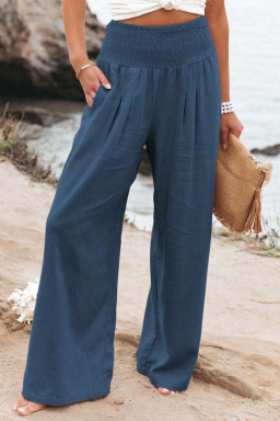 Sky Blue Smocked Wide Waistband High Waist Wide Leg Pants