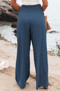 Blue Smocked Wide Waistband High Waist Wide Leg Pants