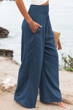Shewin Blue Smocked Wide Waistband High Waisted Wide Leg Pants