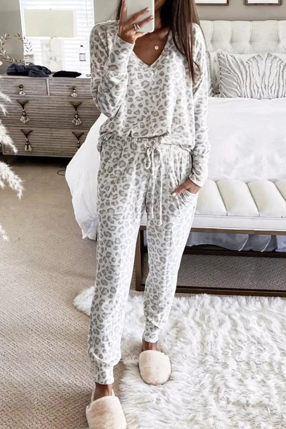 White Cheetah Print Loungewear Set