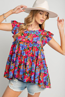 Multicolor Floral Print Ruffle Tiered Short Sleeve Babydoll Blouse