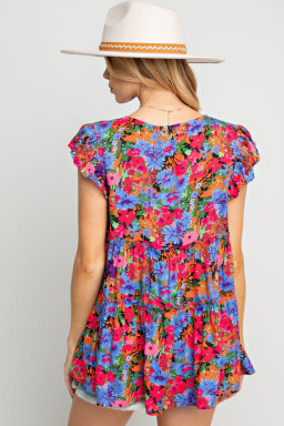 Multicolor Floral Print Ruffle Tiered Short Sleeve Babydoll Blouse
