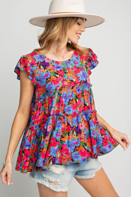 Multicolor Floral Print Ruffle Tiered Short Sleeve Babydoll Blouse
