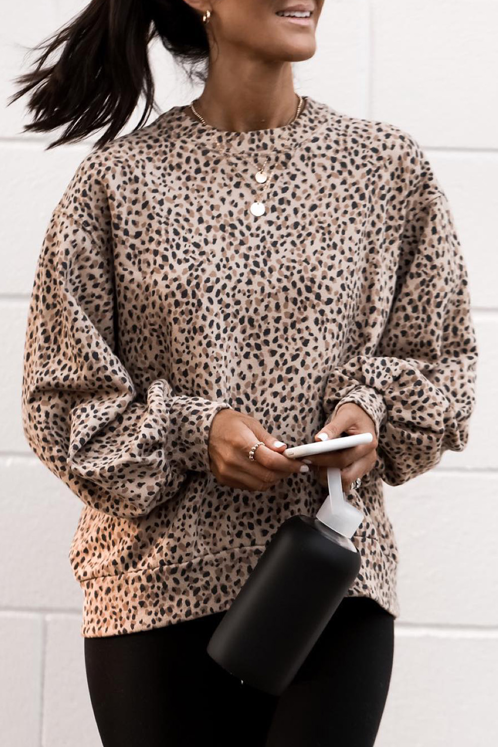 Cheetah Print Crew Neck Sleeve Sweatshirt(00)