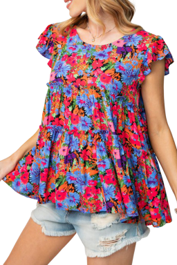 Multicolor Floral Print Ruffle Tiered Short Sleeve Babydoll Blouse