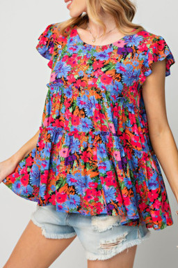 Multicolor Floral Print Ruffle Tiered Short Sleeve Babydoll Blouse