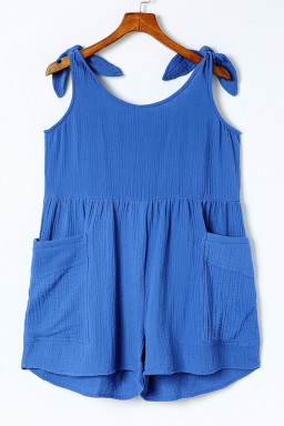 Blue Gauze Cotton Sleeveless Short Romper with Pockets