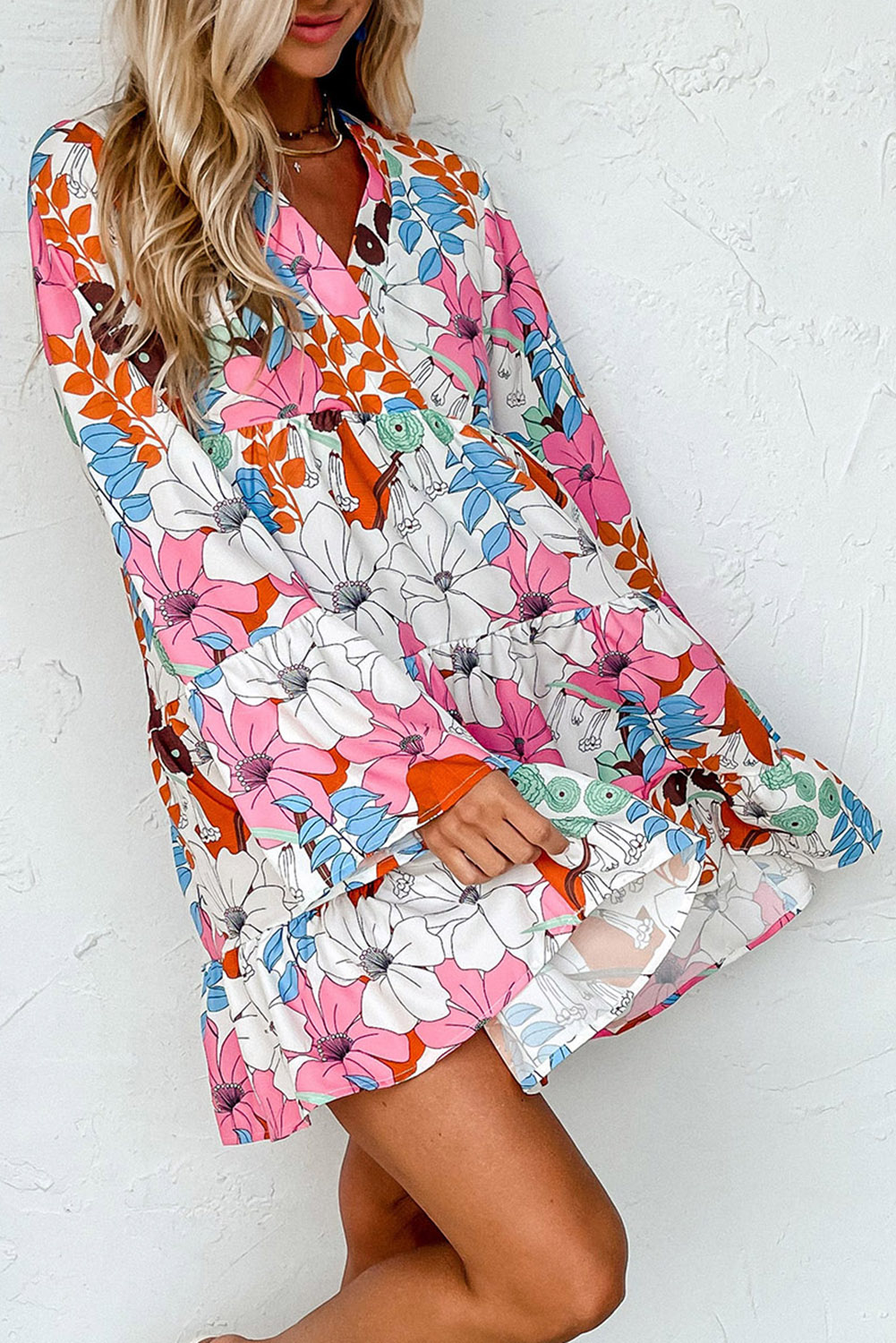 Women White Floral Wrap Neck Short Dress