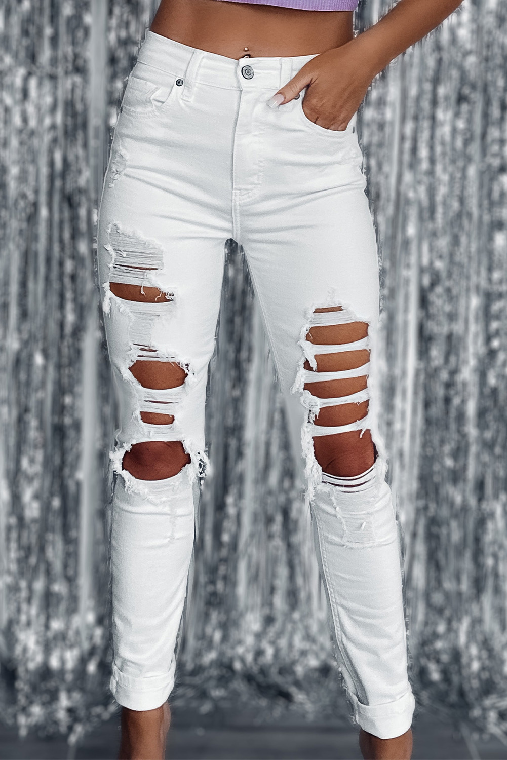 White Distressed Ripped Holes High Waist Skinny Jeans | Shewin Wholesale