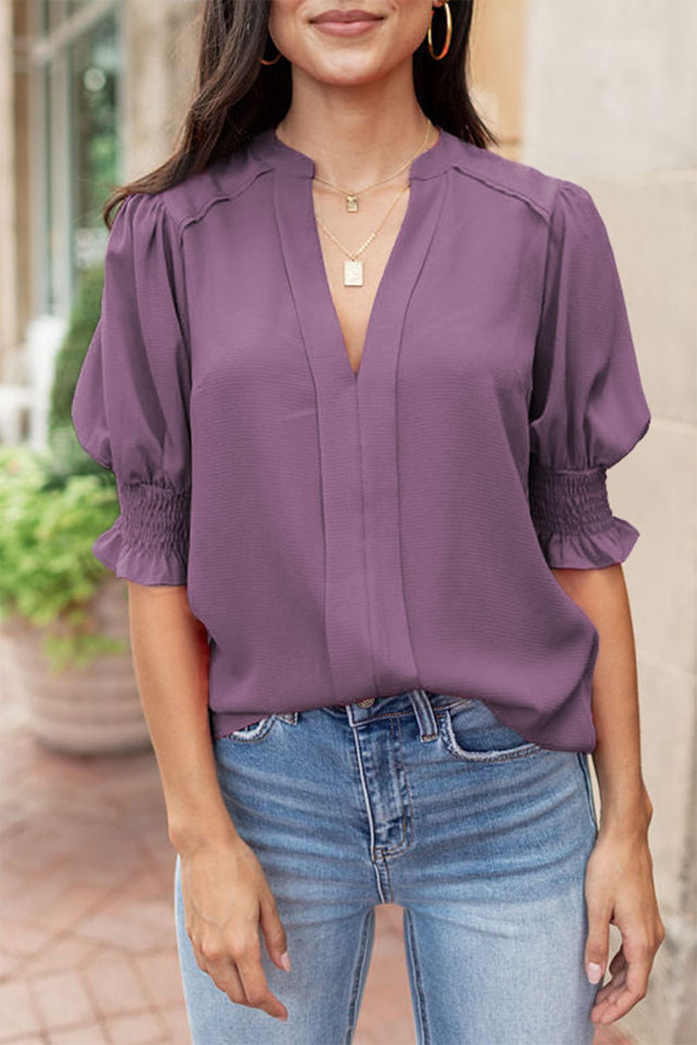 Ladies Watercolor Hibiscus Purple V-Neck Blouse main image 1