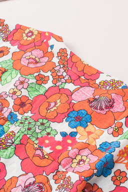 Red Floral Split Neck Ruffle Sleeve Blouse